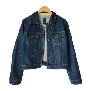Vintage Y2K Gap Denim Jacket Womens Size L Dark Blue Wash Button Up